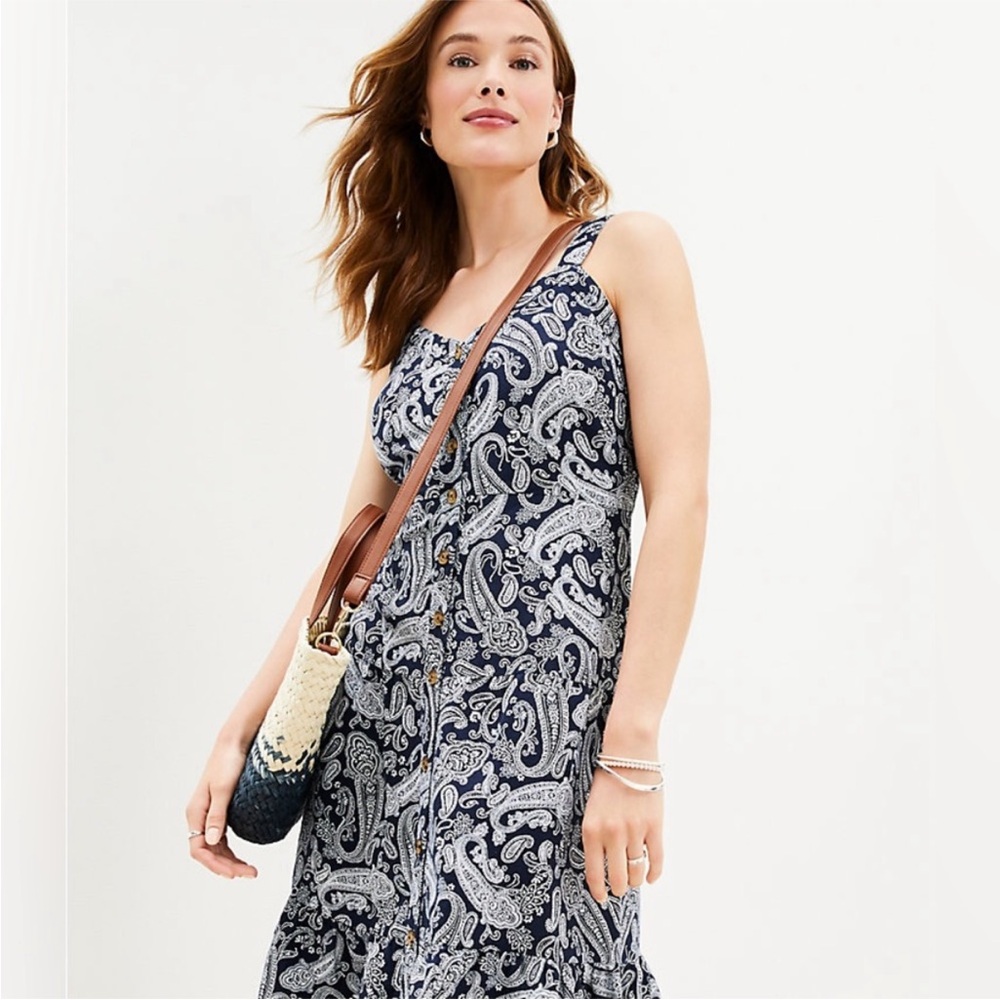Loft Paisley Linen Strappy Button Tiered Midi Dress- Deep Space Blue